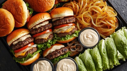 A premium tabletop spread featuring handcrafted burgers creamy onion dips and fresh lettuce wraps overlay cut out on isolated transparent removed background