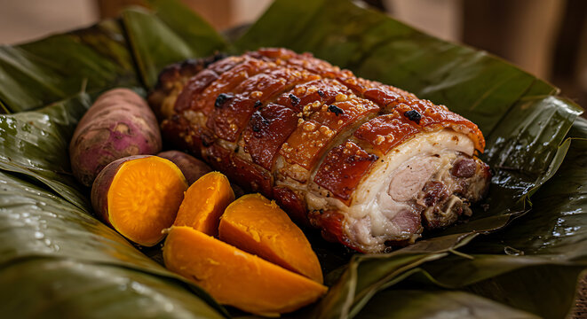 Crispy Roasted Pork Belly (Lechon) Served on Banana Leaves with Sweet Potatoes - Traditional Filipino Food