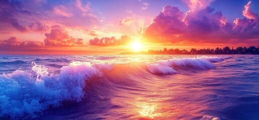 Ocean waves at sunset, tropical beach background, tranquil scene, travel poster