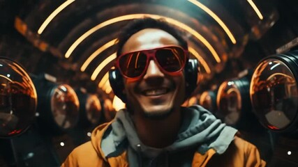 Experience the electrifying atmosphere as a young individual dons stylish sunglasses and headphones, coolly embracing the futuristic vibe in an extraordinary environment filled with glowing lights