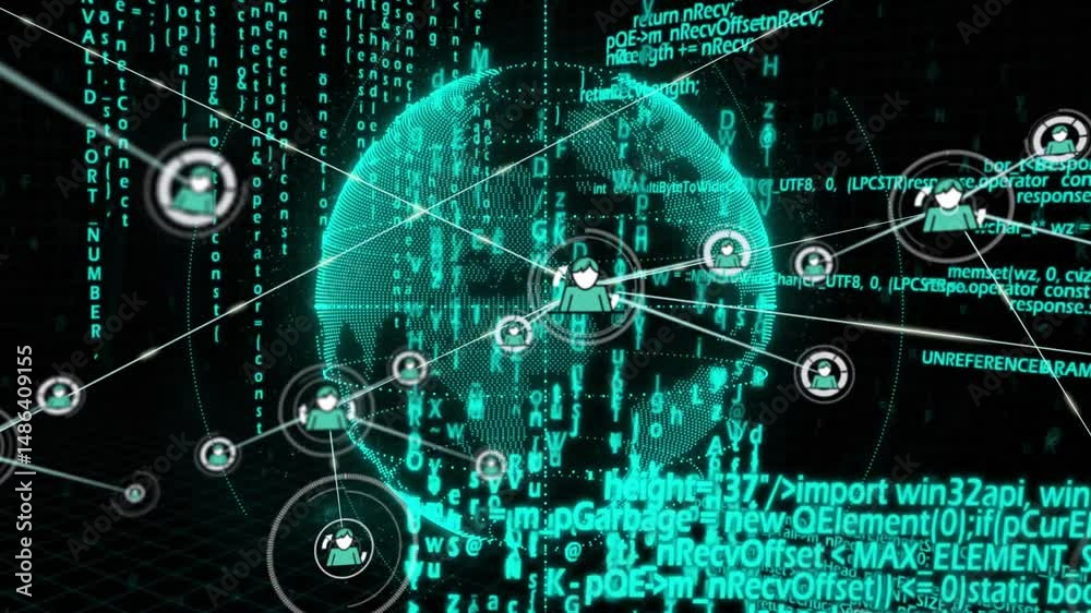 Poster digital network visualization showing glowing teal globe linking avatar nodes with floating code