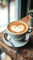Latte art heart design in white cup on saucer, spoon on wood table, window background