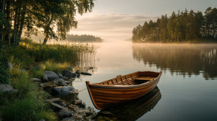 Obraz premium Mist rises over a serene lake at dawn with a wooden boat moored by the shore
