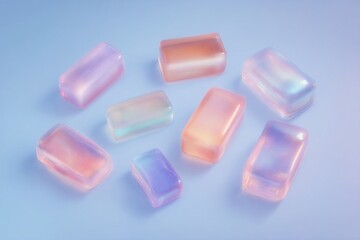 Colorful translucent soaps arranged artistically on a blue background