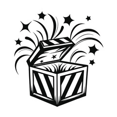 Wood Crate Burst with Star Elements Monochrome Decorative Design, Open Lid Style
