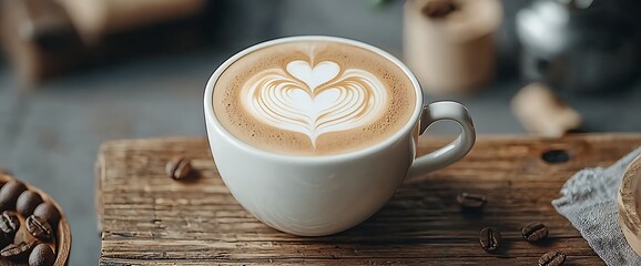 Latte art in a white mug, resting on a rustic wooden surface. Coffee beans scattered around. Soft lighting highlights the beverage
