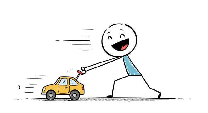 Joyful stick figure pulling a bright yellow toy car with speed lines