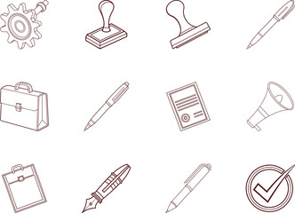 Obraz premium Office themed icons showcase gear, stamps, pens, briefcase, document, megaphone, and check mark transparent