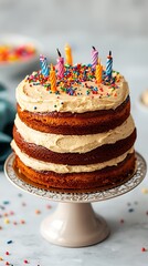 Layered birthday cake with frosting, sprinkles, & candles on a pedestal. Colorful, festive, celebration treat