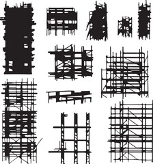 Black Scaffolding Silhouettes: Construction Site Elements, Vector Art