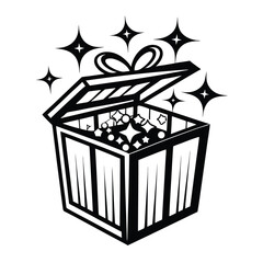 Black and White Open Gift Box with Ribbon Bow and Sparkles Around for Design Element