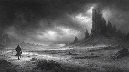 Lone figure journeys through desolate landscape, towering spires under stormy sky. Barren terrain evokes isolation