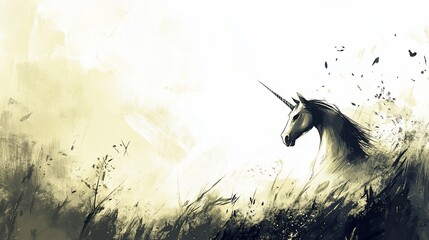 Lone unicorn stands in a meadow with light, abstract, ethereal feel