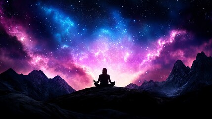 Fototapeta premium Silhouette of a person meditating sits on a hilltop beneath a vibrant, colorful starlit night sky with distant mountains.