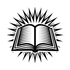 Open Book with Light Burst, Black and White Abstract Illustration, Education Icon, Fairytale