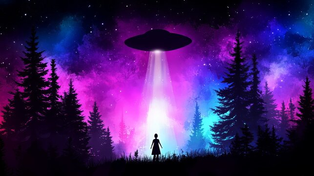 Silhouette of a person stands in a field as a UFO emits light in a forest under a colorful sky.