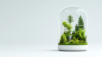 Miniature forest ecosystem in glass dome with copy space on white background