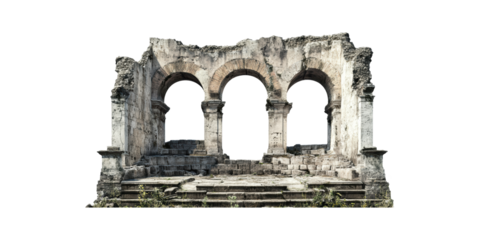 Ancient Roman Ruins With Arches. Historical Architecture And Cultural Heritage Isolated On Transparent Background