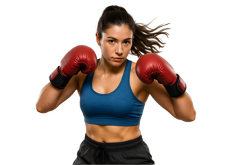 young woman with boxing gloves on white transparent Baground 