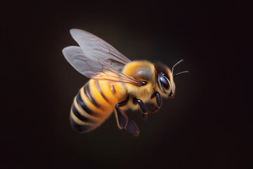 Close-up view of a bee in flight showcasing detailed features and coloration