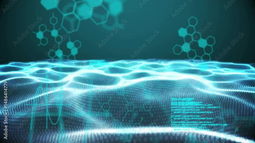 Poster neon-blue wave grid flowing over binary code matrix with hexagon network overlays in flat design