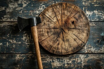 Axe rests against rustic wooden target board marked from previous throws in a cozy outdoor setting, Axe leaning on wooden target board with marks rustic background