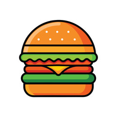 Cartoon Styled Burger with Lettuce, Tomato, and Cheese on a White Isolated Backdrop