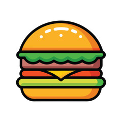 Delicious Burger Icon With Lettuce, Tomato, Cheese, Meat & Bun, Outline Style