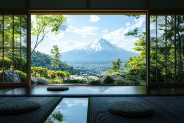 Fototapeta premium Elegant Japanese interior showcasing a stunning view of Mount Fuji on a clear day, Elegant Japanese interior with a view of Mount Fuji and lush greenery Tranquil design concept