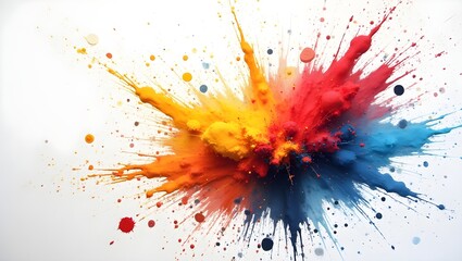 Vibrant explosion of yellow red and blue paint splatters against a white background