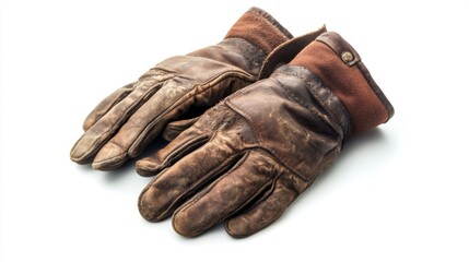 A pair of well-worn leather gloves rests on a white background. Their rich texture tells a story of hard work and durability. Perfect for various uses in everyday life. Generative AI