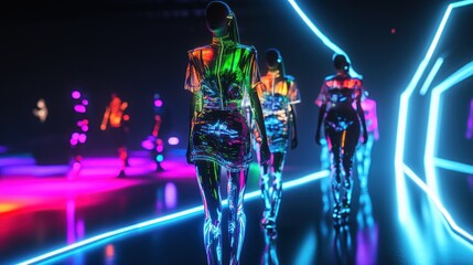 Futuristic fashion show models in shimmering neon outfits on a runway