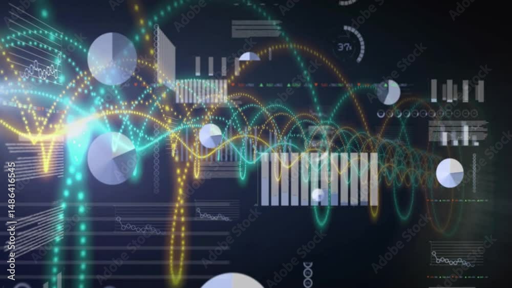 Poster abstract data streams floating in dark interface, showing translucent charts and glowing waveforms