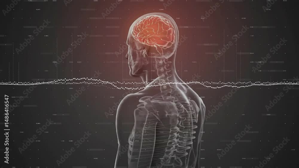 Poster 3d render translucent skeleton showing red brain spine presenting dotted waveform and floating data