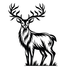 Majestic Stag Silhouette Deer Standing Alert with Intricate Antlers on White Background