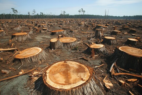 Deforestation exposes tree stump landscape in a cleared forest area during mid-morning light