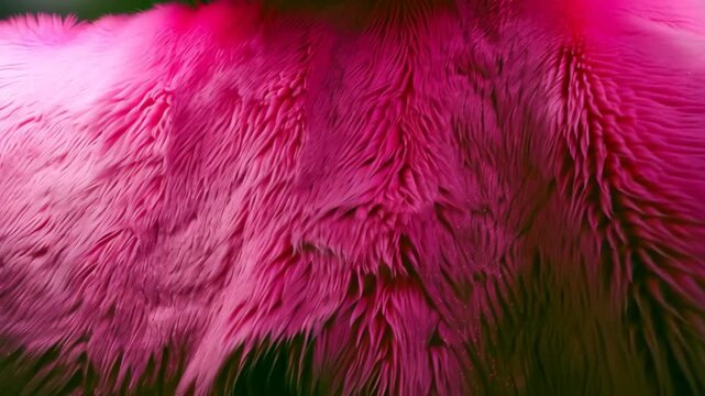Abstract pink artificial fur background with long fibers and a gradient transitioning to dark shades, creating a soft and textured surface