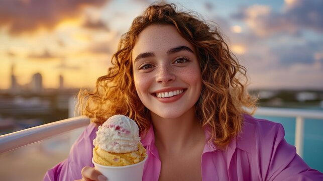 Smiling woman is holding ice cream in cup on rooftop with sunset in background. - high quality Smiling woman is holding ice cream in cup on rooftop wi - Powered by Adobe