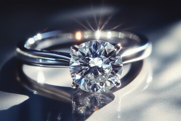Elegant diamond engagement ring sparkling under natural light in serene setting, Elegant diamond engagement ring sparkling under radiant light
