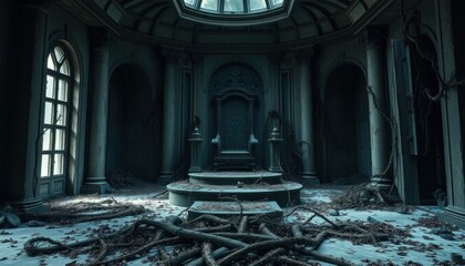 Haunted throne room: Abandoned palace interior, dark atmosphere