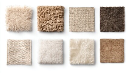 Assorted carpet samples in various colors and textures