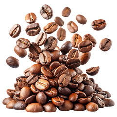 Naklejka premium Freshly roasted coffee beans cascading in a perfect heap with some isolated on transparent background
