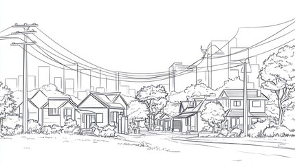 Fototapeta premium Sketch of a residential street with utility poles and city skyline in the background. Possible use Stock image for urban planning, architectural presentations, or illustrating residential areas