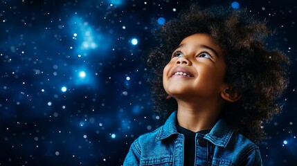 Smiling young girl gazes upwards at the sparkling stars against a dark blue background, illuminated by the celestial glow.