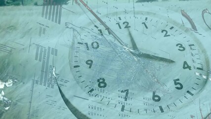 Semi-transparent analog clock face floating over plain showing networked world map and data grids - Powered by Adobe