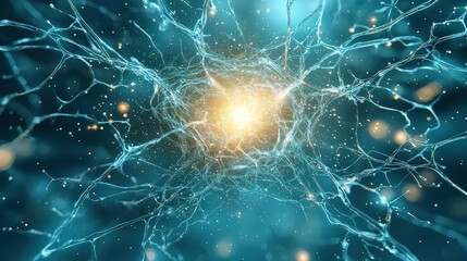 Intricate neural network with glowing center in vibrant colors.