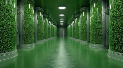 Green corridor with cylindrical columns and reflective water surface.