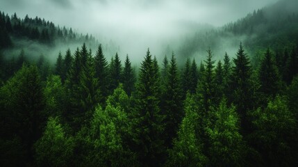 Fototapeta premium Misty Mountain Forest: An Enchanting Aerial View of Evergreen Trees Shrouded in Fog