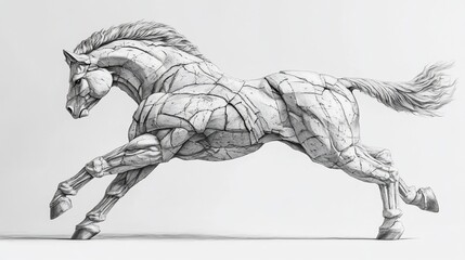 Majestic equine artwork, a stylized stone horse in mid-gallop, grayscale beauty