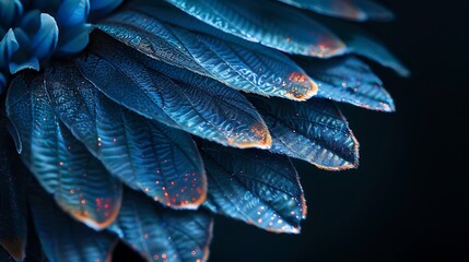Obraz premium Close up of a blue flower petal with orange accents against a dark background